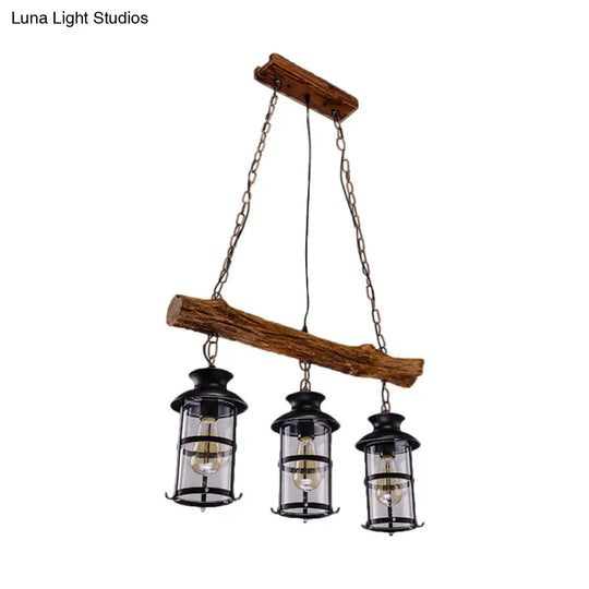 Nautical Clear Glass Cluster Pendant With Wood Design - Brown 2/3-Bulb Island Lighting