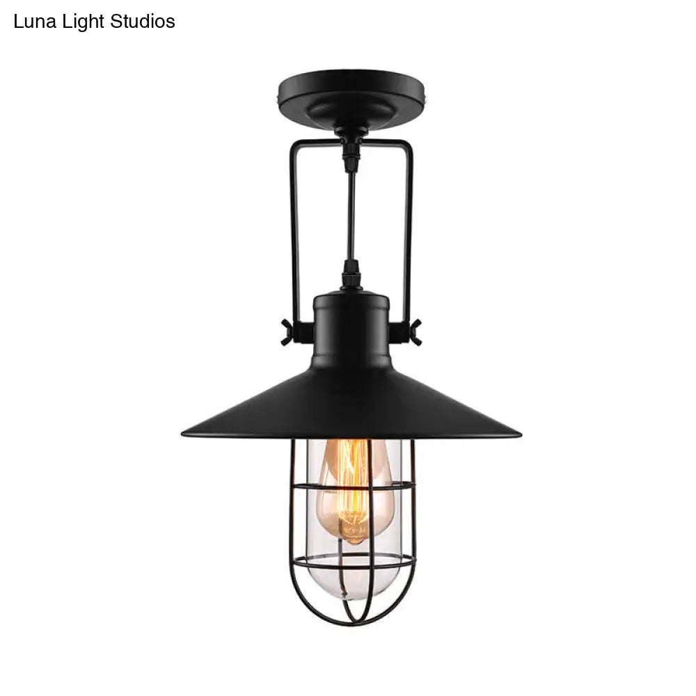 Nautical Cone Semi Flush Mount Light - 1 Head Metal Ceiling Fixture With Cage Shade In Black