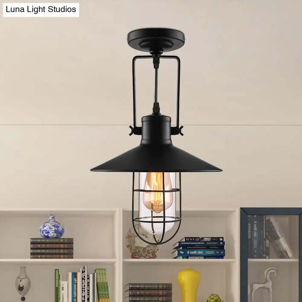 Nautical Cone Semi Flush Mount Light - 1 Head Metal Ceiling Fixture With Cage Shade In Black