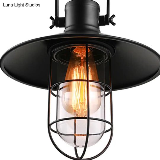 Nautical Cone Semi Flush Mount Light - 1 Head Metal Ceiling Fixture With Cage Shade In Black