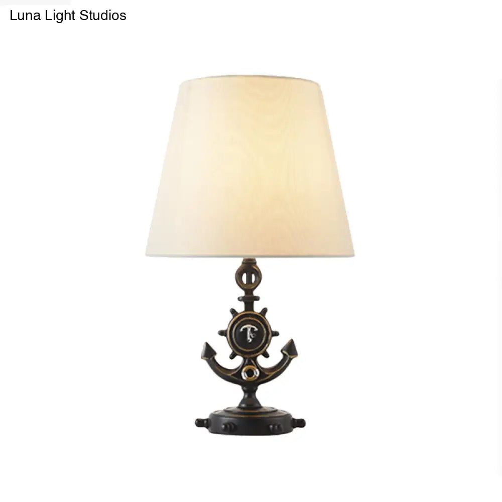 Nautical Cone Table Lamp: 1-Light Fabric Study Room Night Lighting Anchor Base & Rudder Pedestal