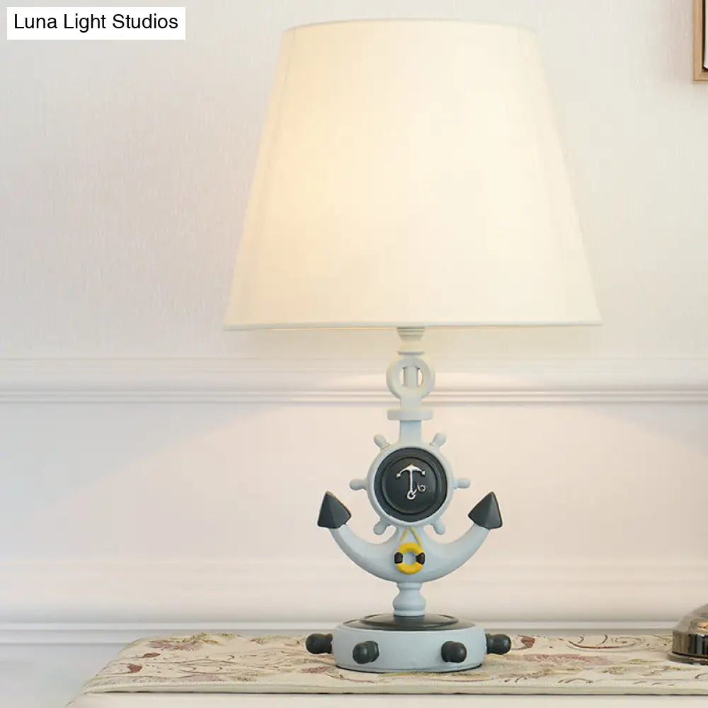 Nautical Cone Table Lamp: 1-Light Fabric Study Room Night Lighting Anchor Base & Rudder Pedestal