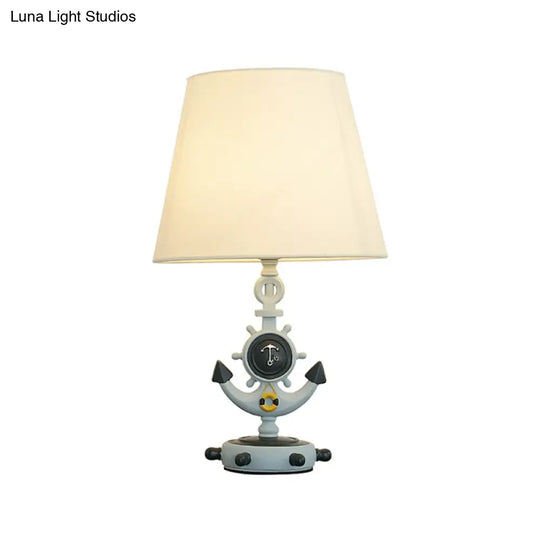 Nautical Cone Table Lamp: 1-Light Fabric Study Room Night Lighting Anchor Base & Rudder Pedestal