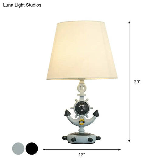 Nautical Cone Table Lamp: 1-Light Fabric Study Room Night Lighting Anchor Base & Rudder Pedestal