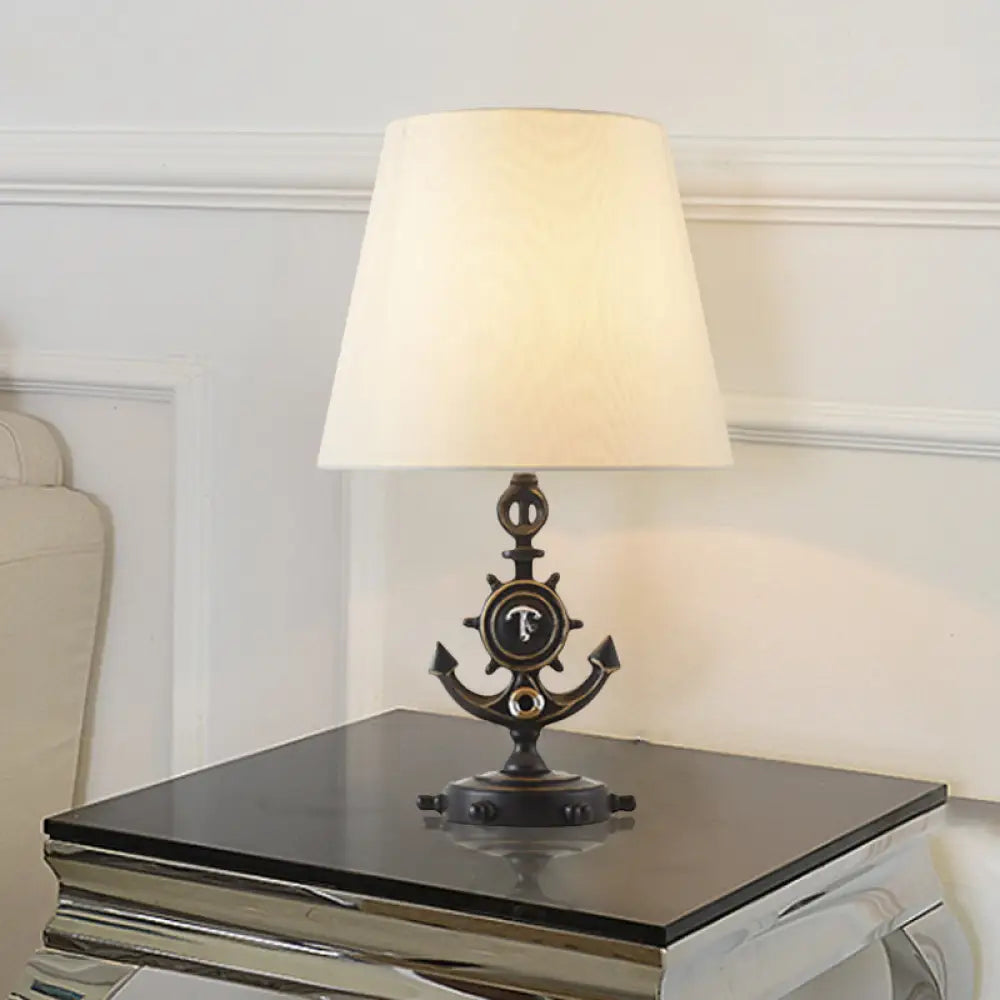 Nautical Cone Table Lamp: 1-Light Fabric Study Room Night Lighting Anchor Base & Rudder Pedestal