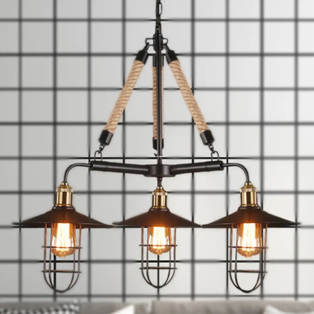 Nautical Flared Chandelier: 3-Head Metal Ceiling Light With Rope - Black Restaurant Fixture