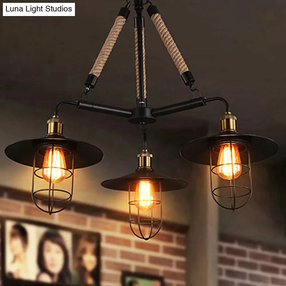 Nautical Flared Chandelier: 3-Head Metal Ceiling Light With Rope - Black Restaurant Fixture