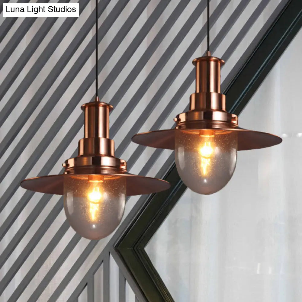 Nautical Flat Shade Pendant Lamp In Nickel/Copper Finish - Glass 1 Bulb Metallic Lighting For Bars