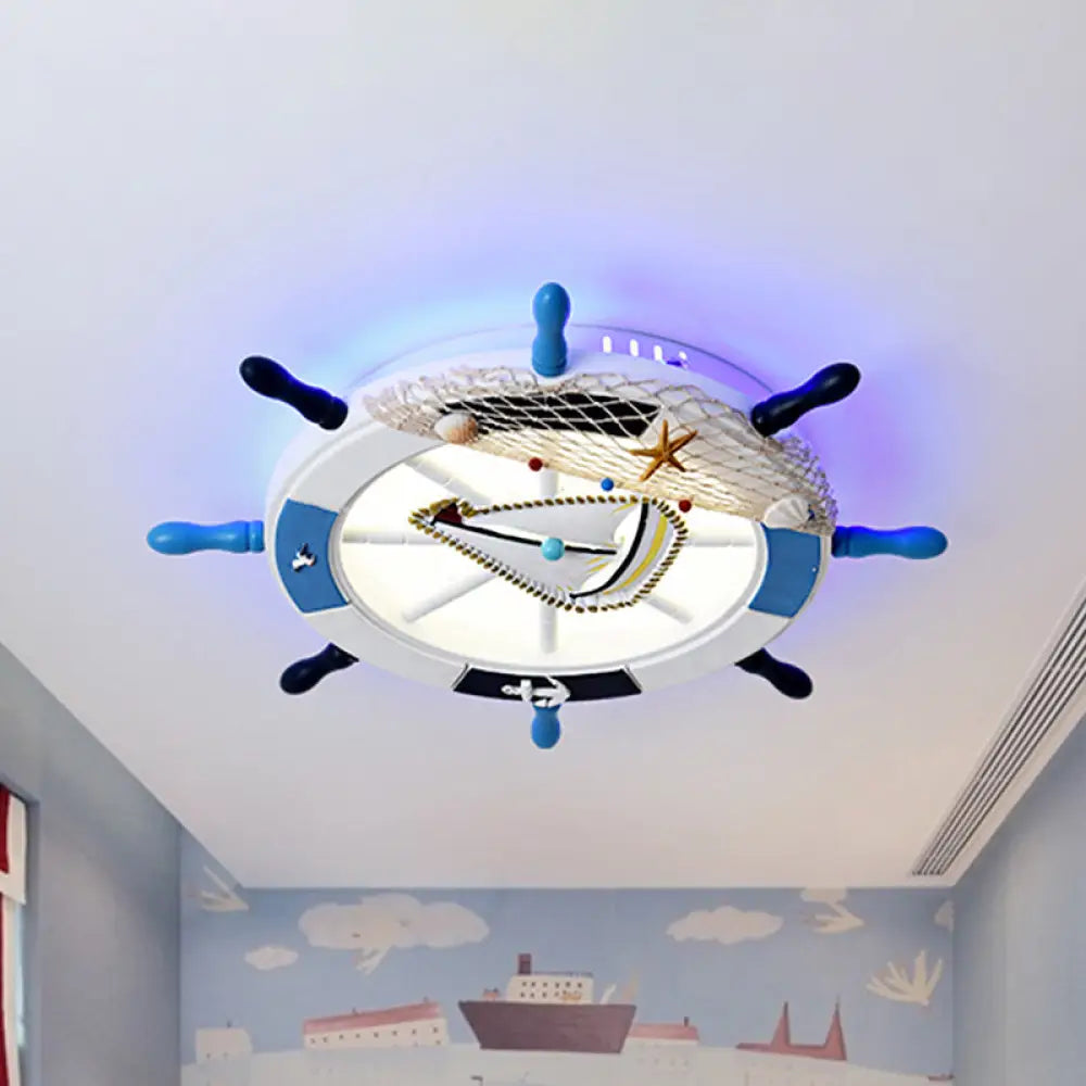 Nautical Flush Mount Led Light With Wood Rudder Deco And Blue Acrylic Circle / A