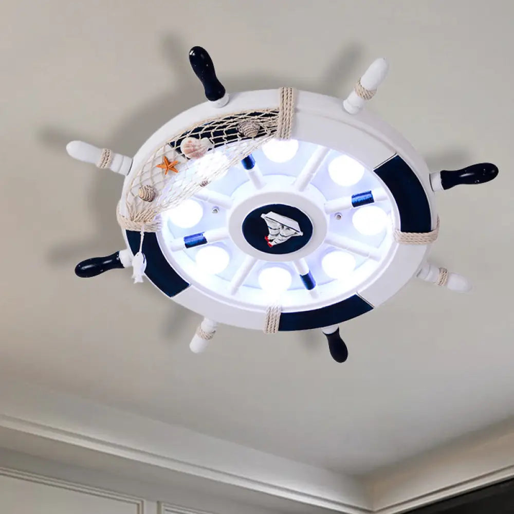 Nautical Flush Mount Led Light With Wood Rudder Deco And Blue Acrylic Circle / B