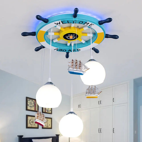 Nautical Glass Pendant Light With 3 Opaque Globe Shades Nursery Lamp In White Ocean Blue