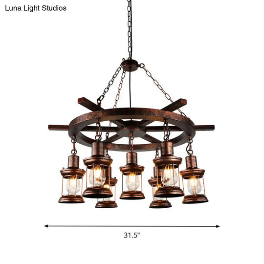 Copper Nautical Circle/Wheel Hanging Light Kit With Lantern And Rope Cord - 3/7 Head Metallic