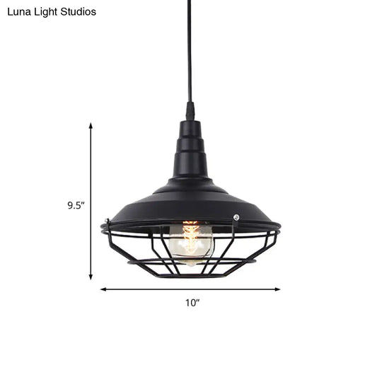 Nautical Iron 1-Light Black Pendant Lamp With Wire Cage - Barn Living Room Hanging Fixture