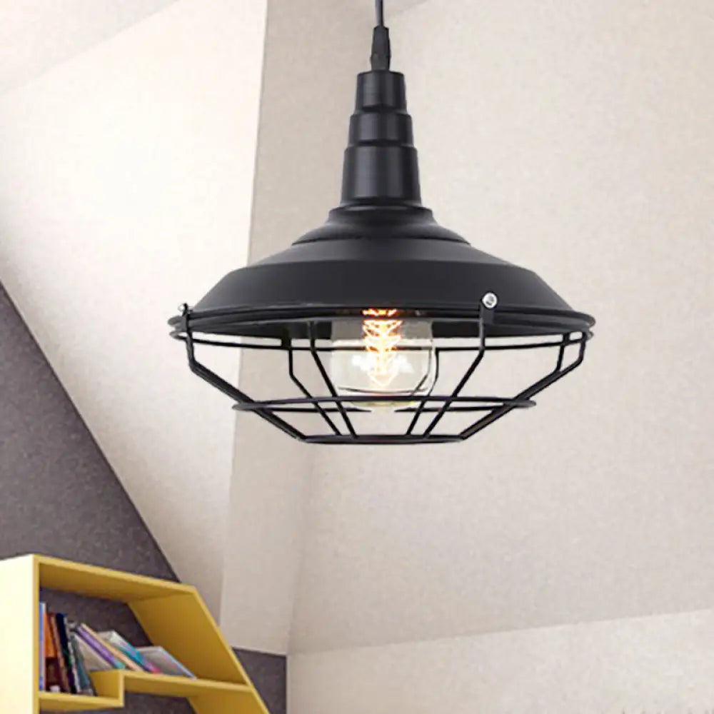 Nautical Iron 1-Light Black Pendant Lamp With Wire Cage - Barn Living Room Hanging Fixture