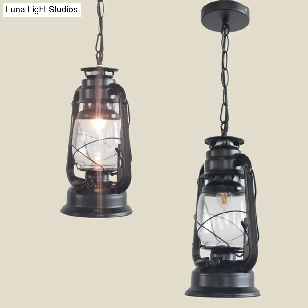 Nautical Clear Glass Kerosene Lantern Pendant Light - Single-Bulb Hanging Lamp For Corridor Black /