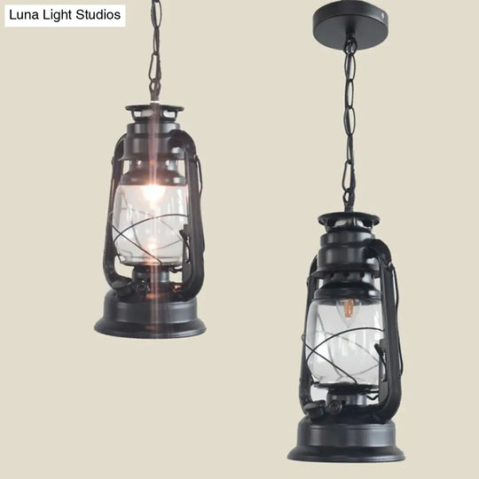 Nautical Clear Glass Kerosene Lantern Pendant Light - Single-Bulb Hanging Lamp For Corridor Black /