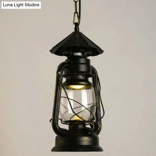 Nautical Clear Glass Kerosene Lantern Pendant Light - Single-Bulb Hanging Lamp For Corridor Bronze /