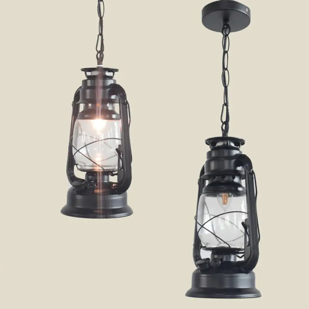Nautical Kerosene Lantern Pendant Light - Clear Glass Hanging Lamp For Corridor Black / Novelty