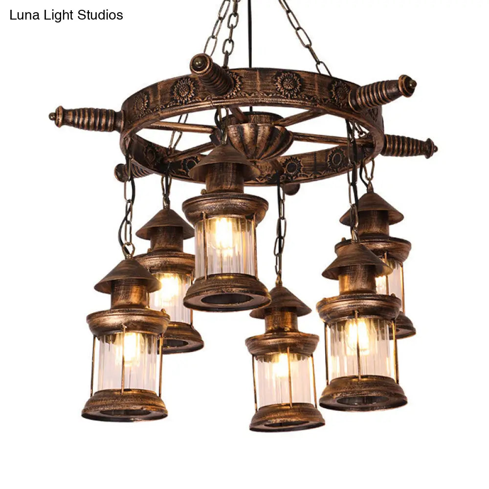 Nautical Lantern Chandelier - 6-Head Clear Glass Pendant Lamp With Rudder Decor In Brown