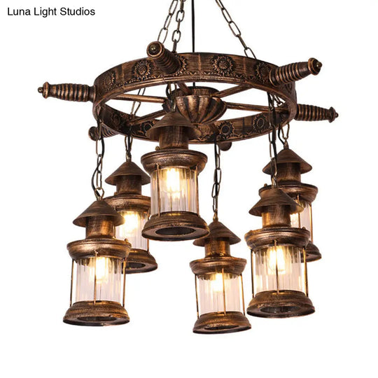 Nautical Lantern Chandelier - 6-Head Clear Glass Pendant Lamp With Rudder Decor In Brown