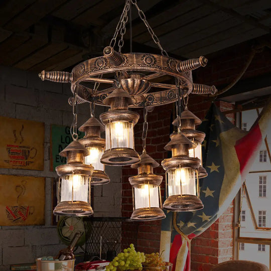 Nautical Lantern Chandelier Light Fixture - Brown With Rudder Decor Clear Glass Pendants (6 Heads)