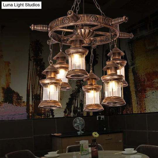 Nautical Lantern Chandelier - 6-Head Clear Glass Pendant Lamp With Rudder Decor In Brown