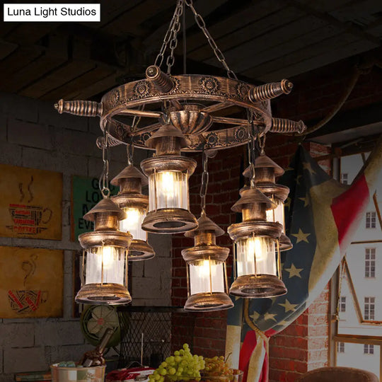 Nautical Lantern Chandelier - 6-Head Clear Glass Pendant Lamp With Rudder Decor In Brown