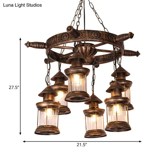 Nautical Lantern Chandelier - 6-Head Clear Glass Pendant Lamp With Rudder Decor In Brown