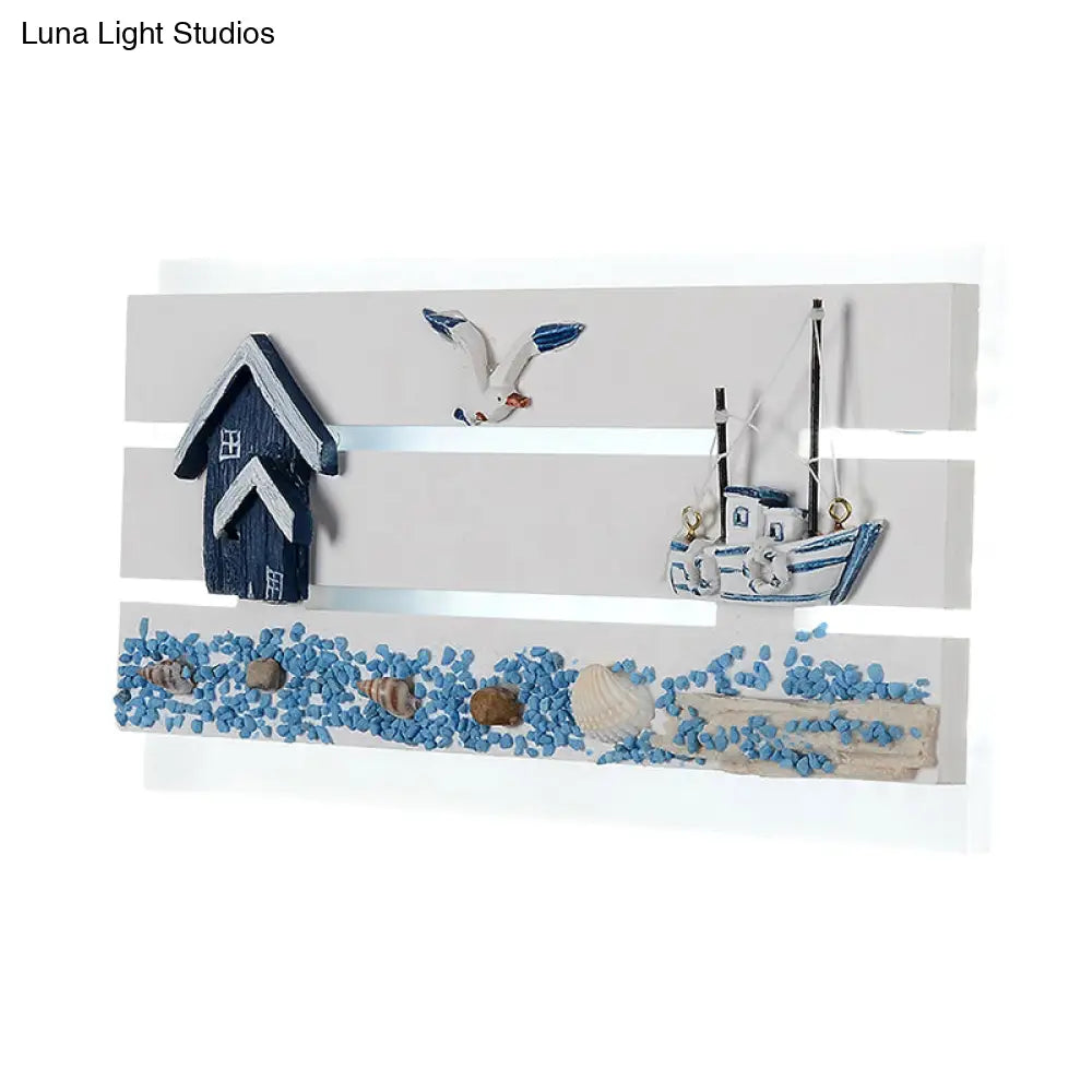 Nautical Led Wall Lamp With Wooden Panel For Kids Bedroom - Sea View Design In White