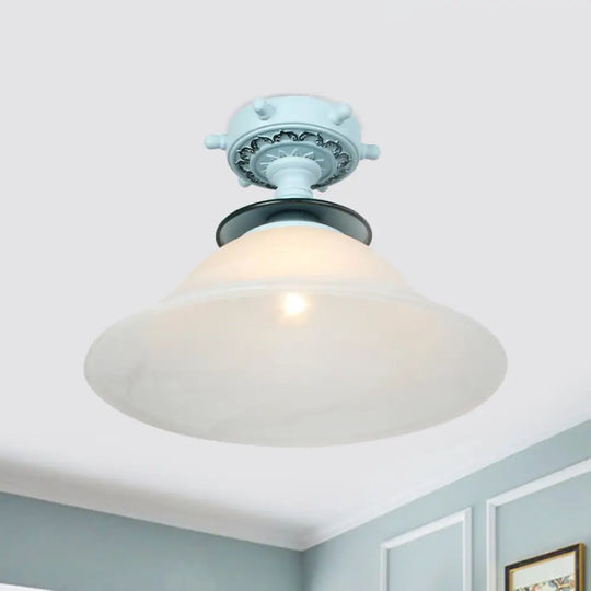 Nautical Opaline Glass Bell Ceiling Light In Black/White/Blue - 1 Bulb Semi Flush Mount Fixture For