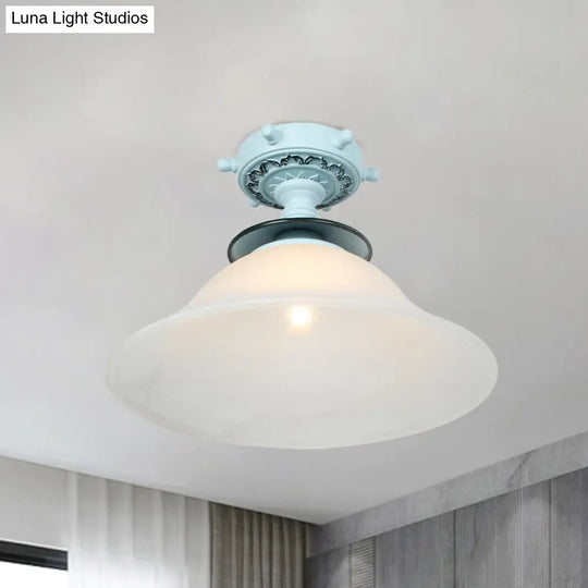 Nautical Opaline Glass Bell Ceiling Light In Black/White/Blue - 1 Bulb Semi Flush Mount Fixture For