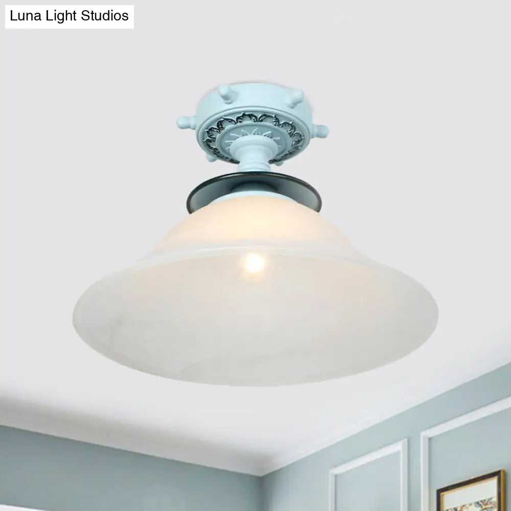 Nautical Glass Bell Semi-Flush Mount Ceiling Light For Hallways With Opaline And 1 Bulb In