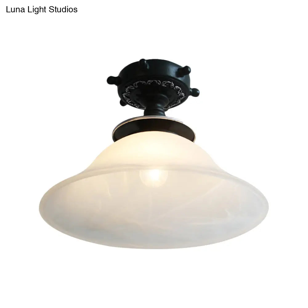 Nautical Opaline Glass Bell Ceiling Light In Black/White/Blue - 1 Bulb Semi Flush Mount Fixture For