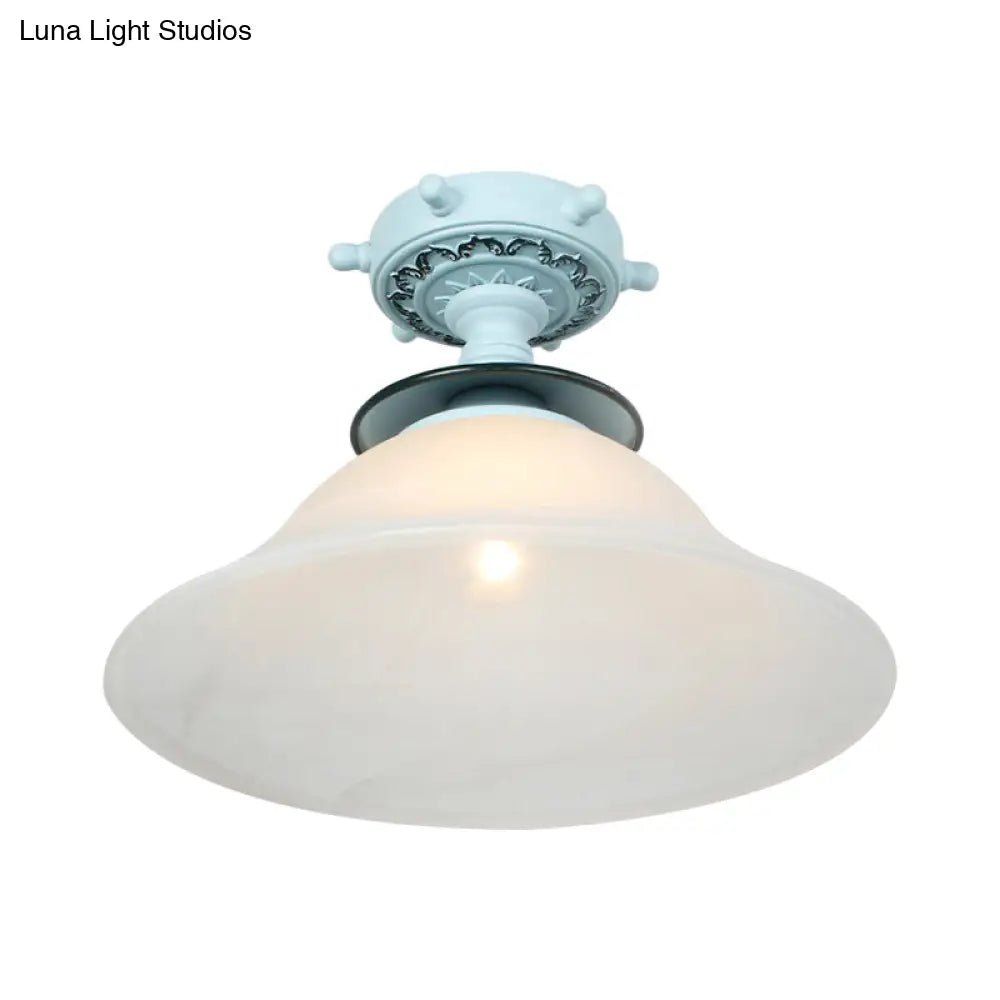 Nautical Opaline Glass Bell Ceiling Light In Black/White/Blue - 1 Bulb Semi Flush Mount Fixture For