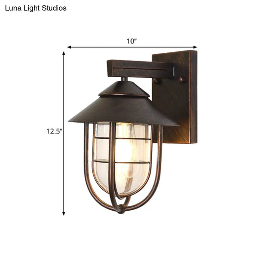 Nautical Outdoor Wall Light With Clear Glass And Metallic Cage - Black 1-Head Mount Lamp