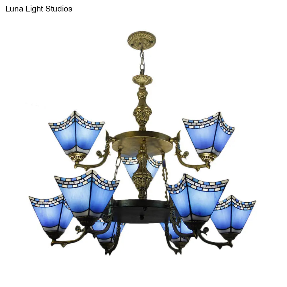 Nautical Blue Glass 2-Tier Pyramid Pendant Lamp With Metal Chain - 9-Light Chandelier