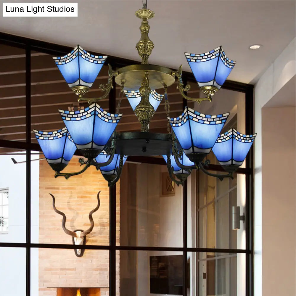 Nautical Blue Glass 2-Tier Pyramid Pendant Lamp With Metal Chain - 9-Light Chandelier