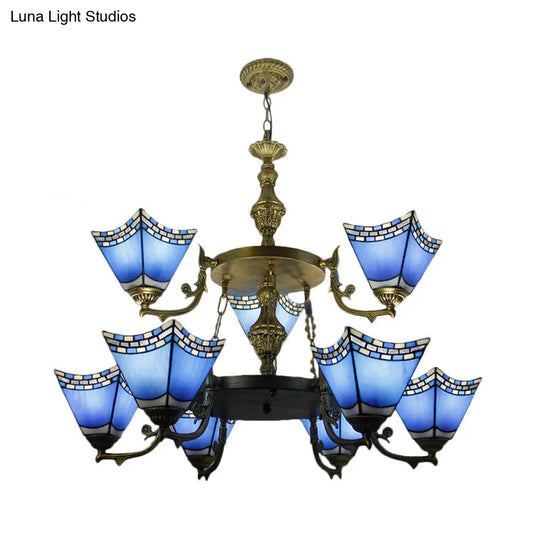 Nautical Pyramid Pendant Lamp - 2-Tier Blue Glass Chandelier With Metal Chain (9 Lights) In