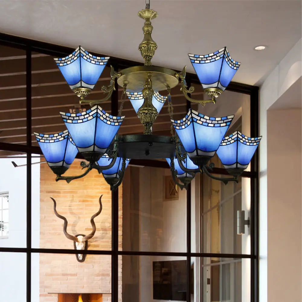 Nautical Pyramid Pendant Lamp - 2-Tier Blue Glass Chandelier With Metal Chain (9 Lights) In