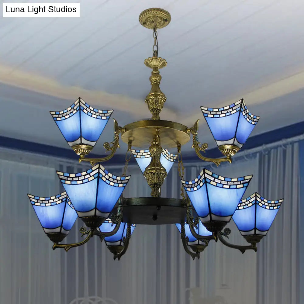 Nautical Blue Glass 2-Tier Pyramid Pendant Lamp With Metal Chain - 9-Light Chandelier