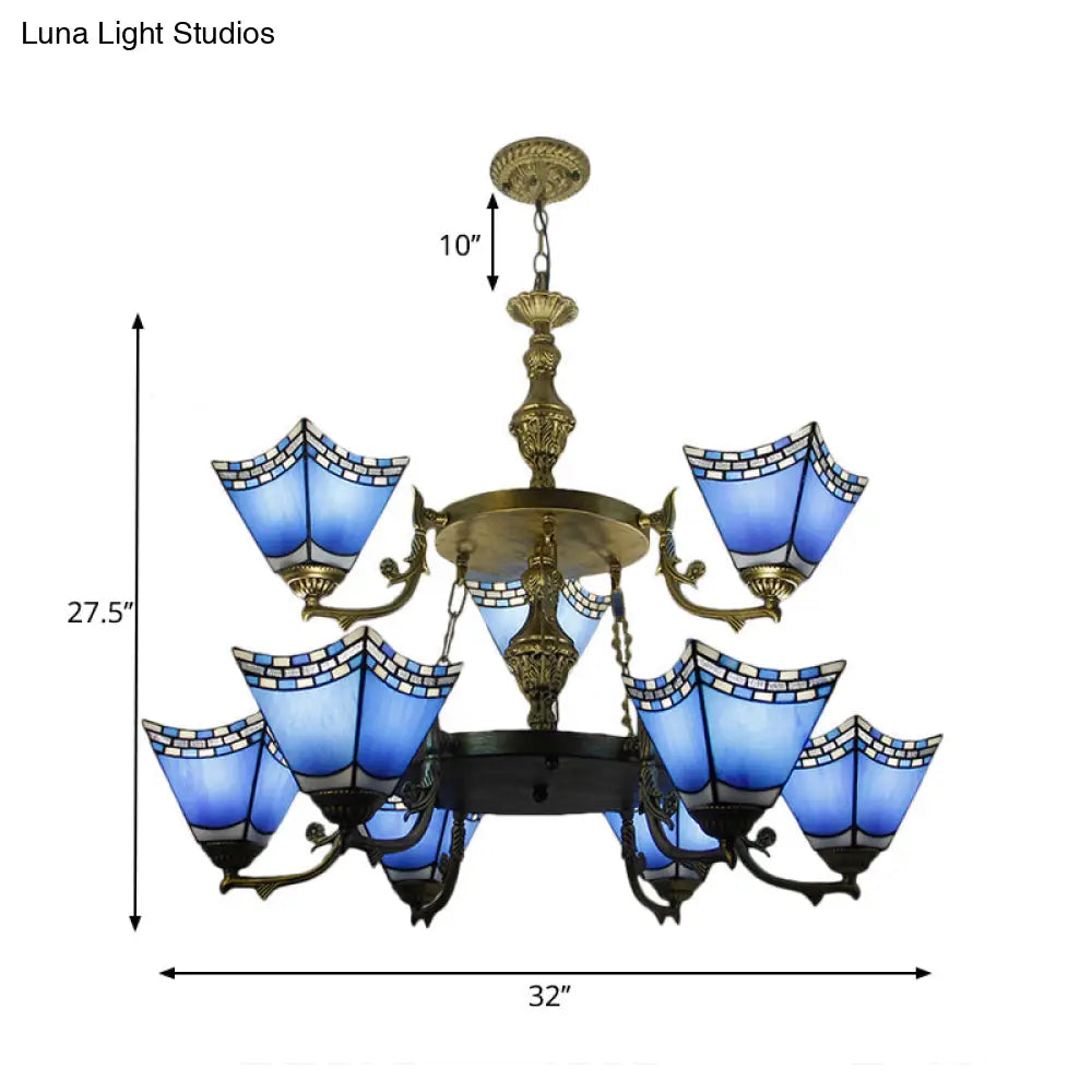 Nautical Pyramid Pendant Lamp - 2-Tier Blue Glass Chandelier With Metal Chain (9 Lights) In