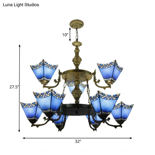 Nautical Pyramid Pendant Lamp - 2-Tier Blue Glass Chandelier With Metal Chain (9 Lights) In