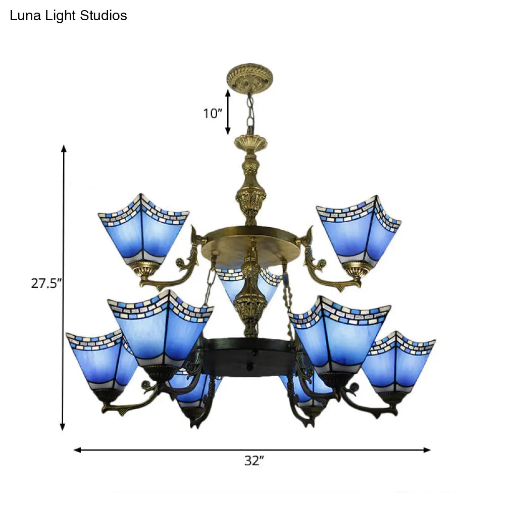 Nautical Blue Glass 2-Tier Pyramid Pendant Lamp With Metal Chain - 9-Light Chandelier