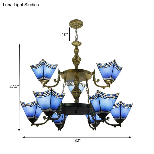 Nautical Blue Glass 2-Tier Pyramid Pendant Lamp With Metal Chain - 9-Light Chandelier