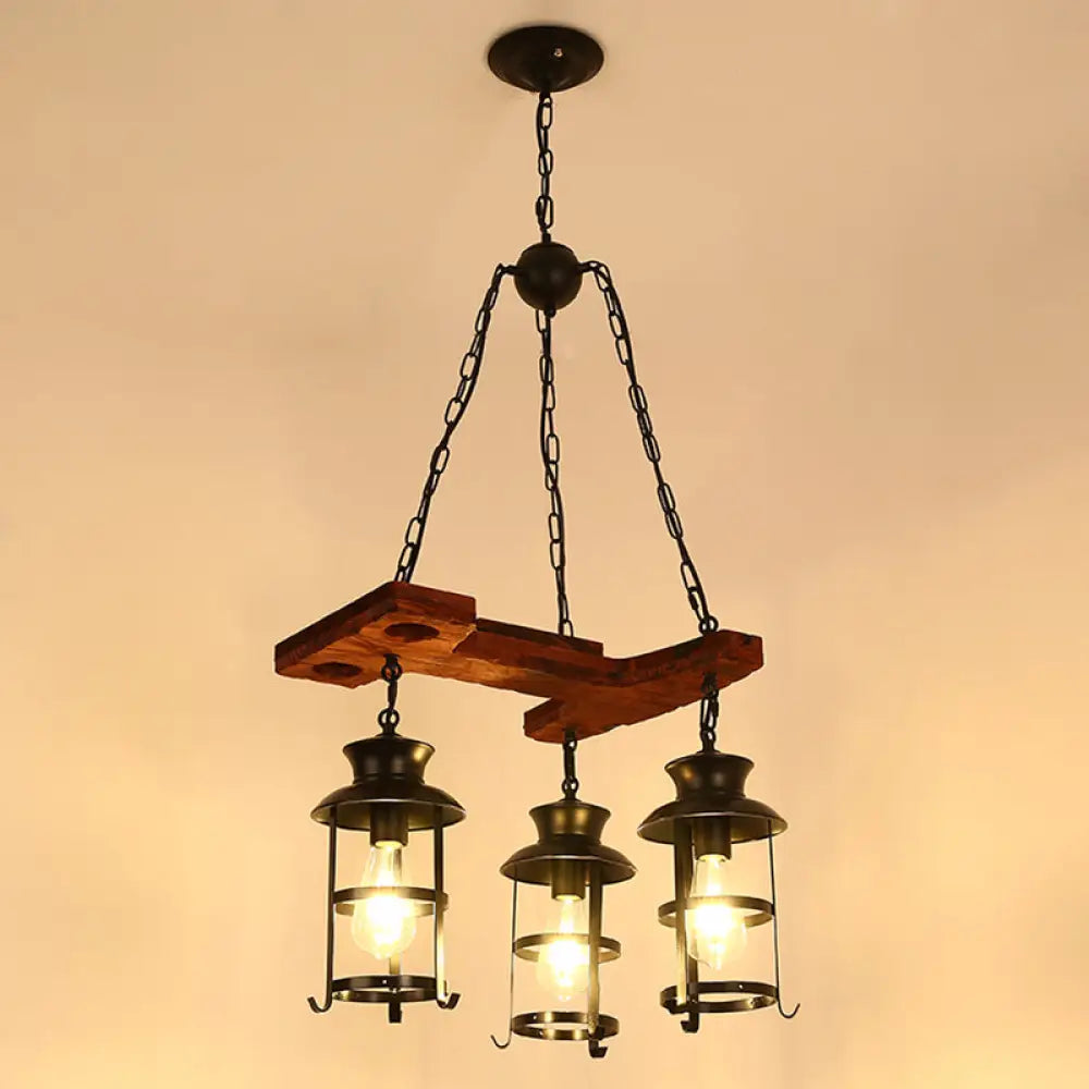 Nautical Restaurant Chandelier With Lantern Iron Ceiling Fixture In Wood 3 /
