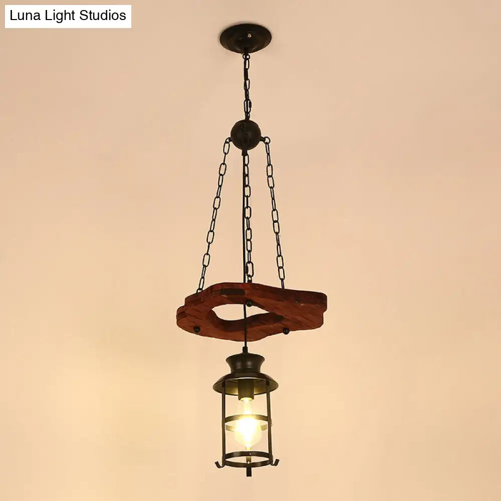 Nautical Lantern Iron Ceiling Light Fixture - Restaurant Chandelier In Wood 1 /