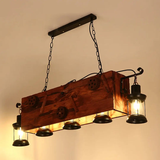 Nautical Restaurant Chandelier With Lantern Iron Ceiling Fixture In Wood 5 /
