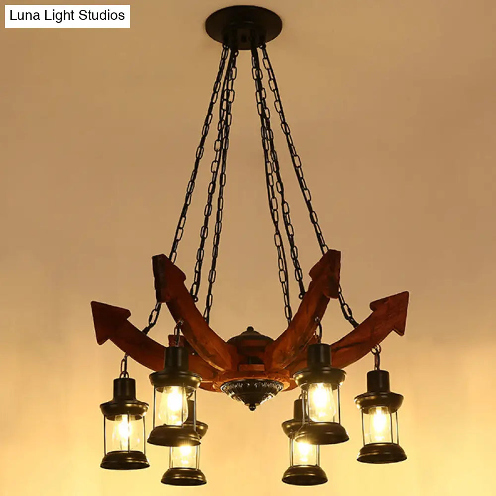 Nautical Lantern Iron Ceiling Light Fixture - Restaurant Chandelier In Wood 6 /