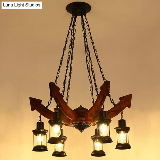 Nautical Lantern Iron Ceiling Light Fixture - Restaurant Chandelier In Wood 6 /