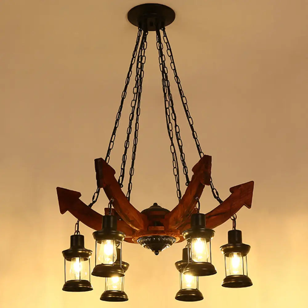 Nautical Restaurant Chandelier With Lantern Iron Ceiling Fixture In Wood 6 /